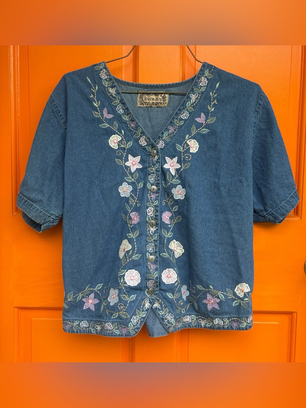 Denim V-Neck Top with Pastel Floral Embroidery